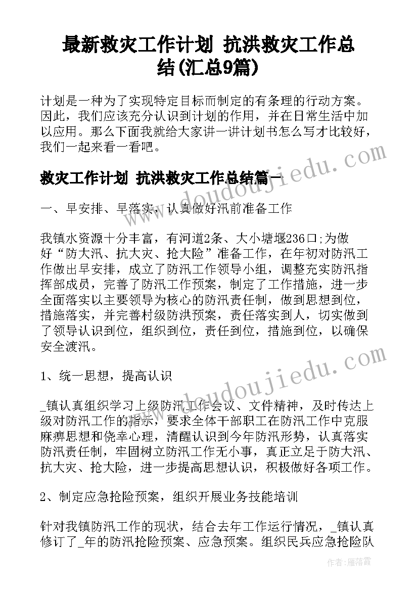 最新救灾工作计划 抗洪救灾工作总结(汇总9篇)