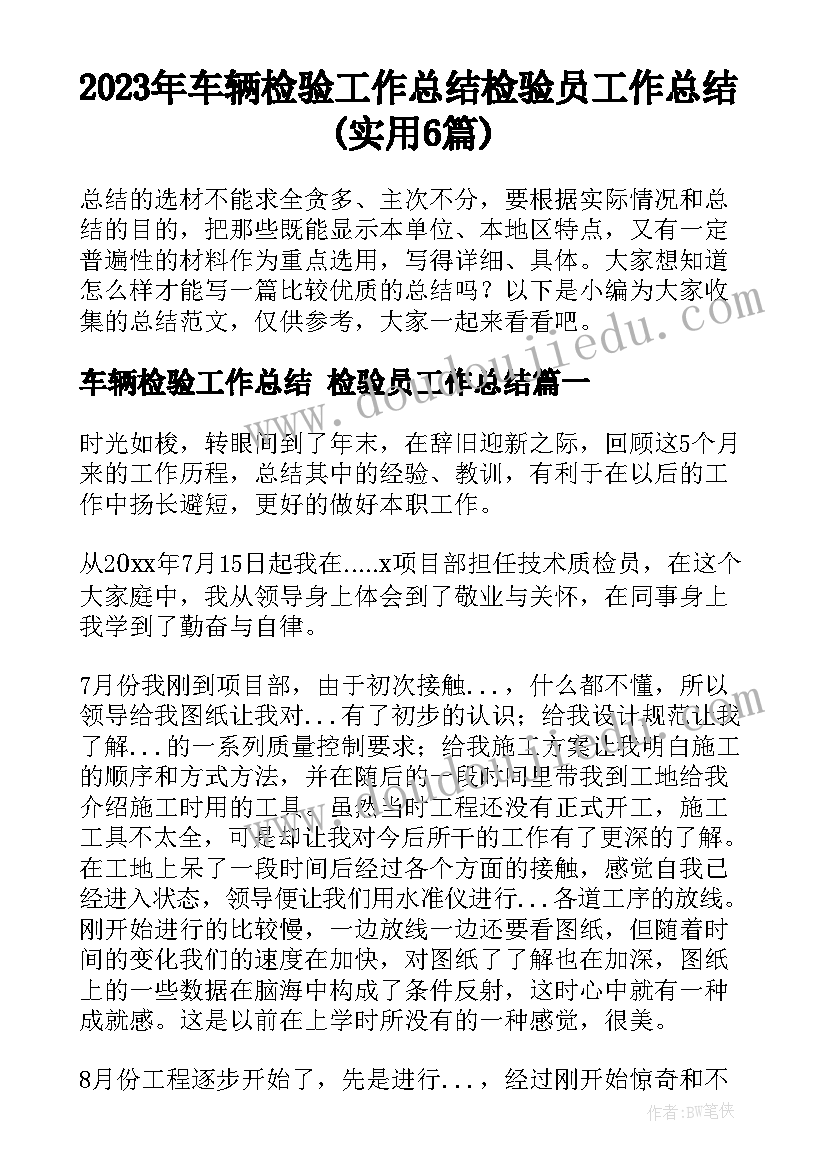 2023年车辆检验工作总结 检验员工作总结(实用6篇)