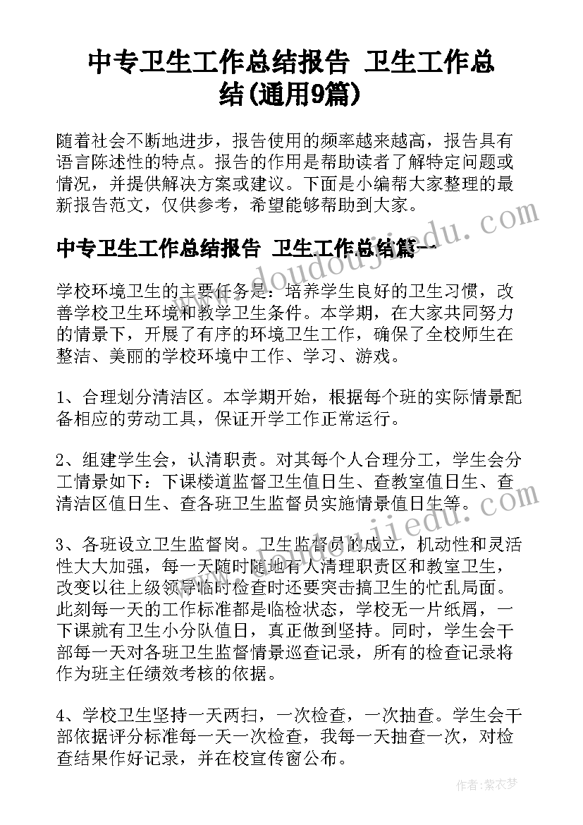 中专卫生工作总结报告 卫生工作总结(通用9篇)