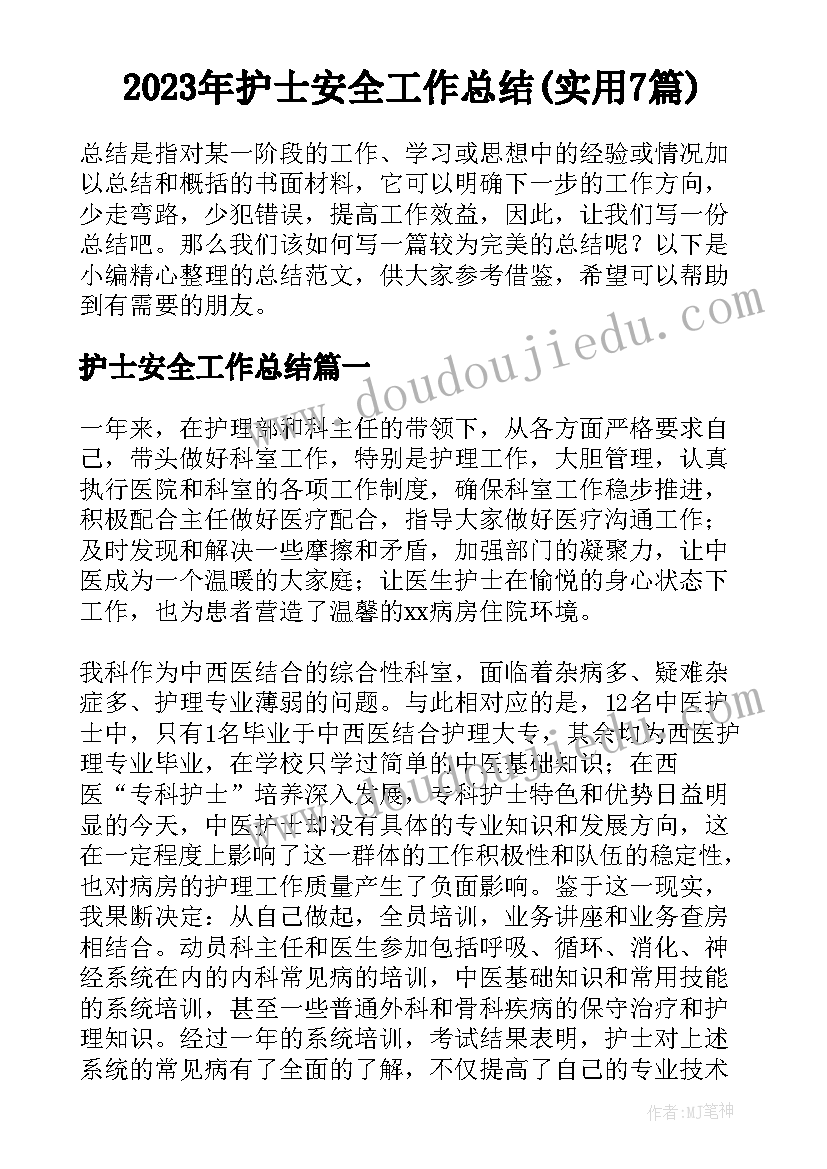 2023年护士安全工作总结(实用7篇)