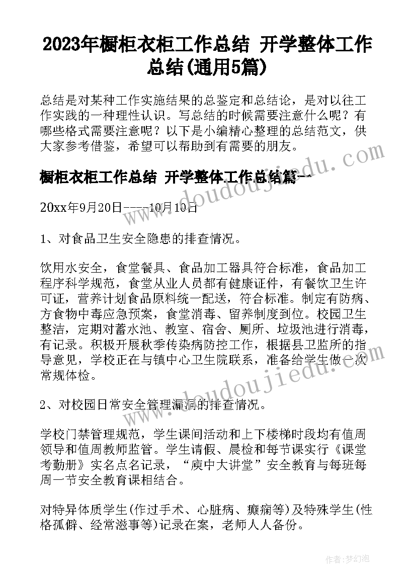 2023年橱柜衣柜工作总结 开学整体工作总结(通用5篇)