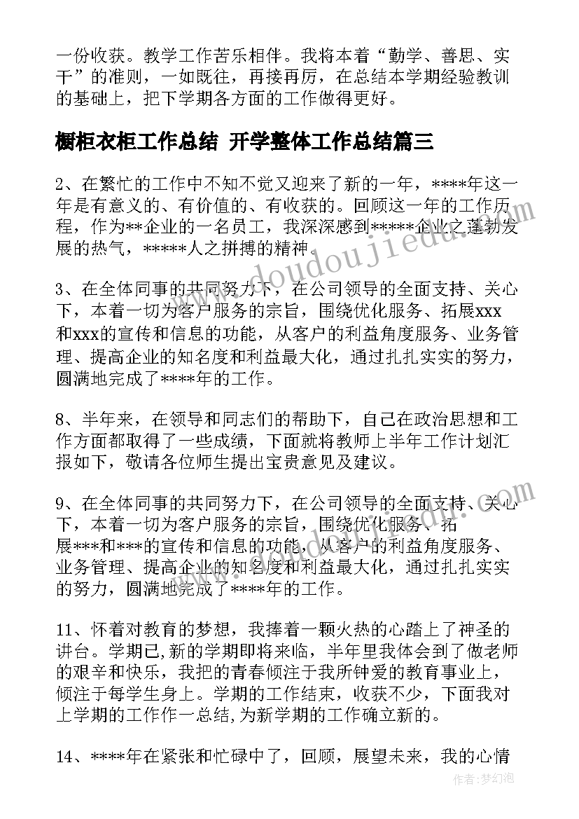 2023年橱柜衣柜工作总结 开学整体工作总结(通用5篇)