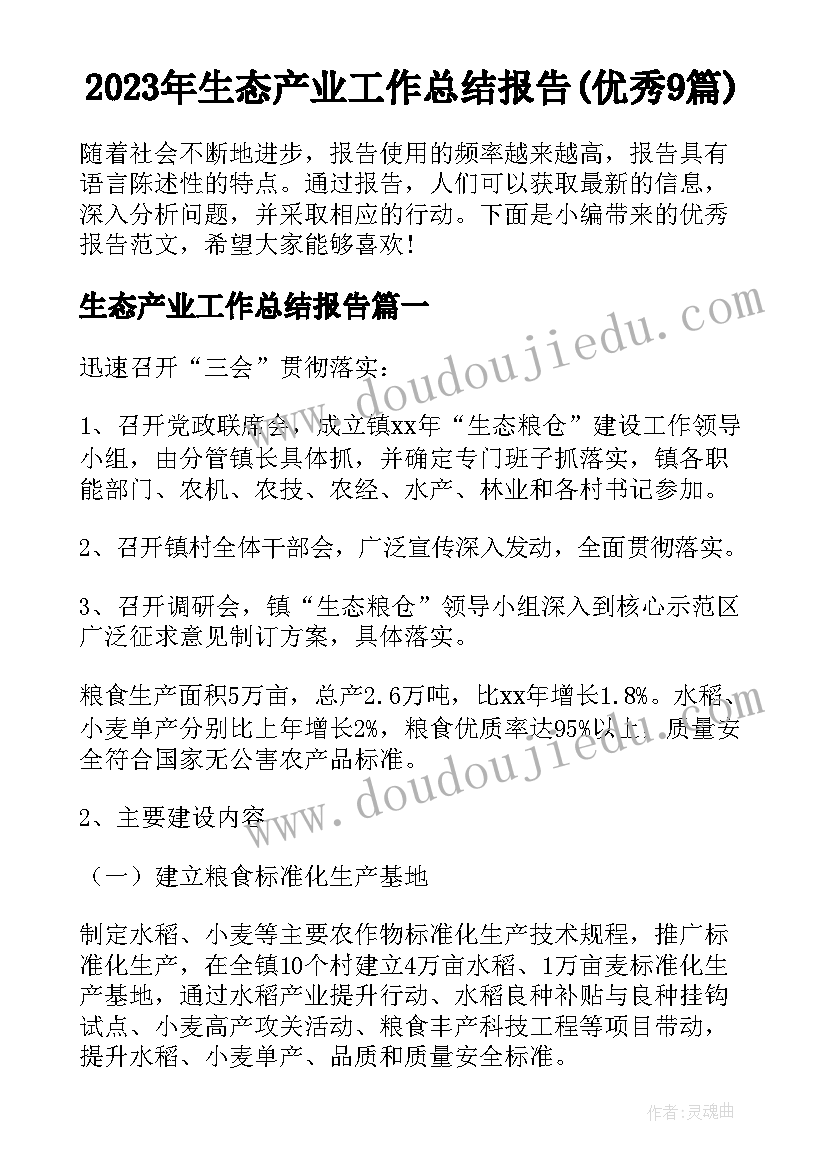 2023年生态产业工作总结报告(优秀9篇)