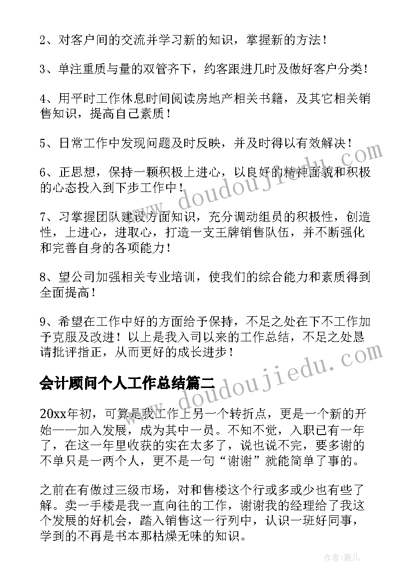 最新会计顾问个人工作总结(大全6篇)