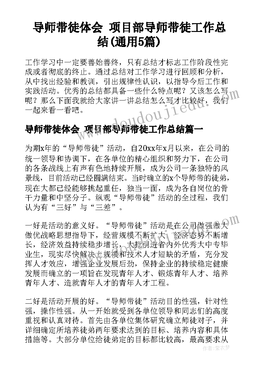 导师带徒体会 项目部导师带徒工作总结(通用5篇)