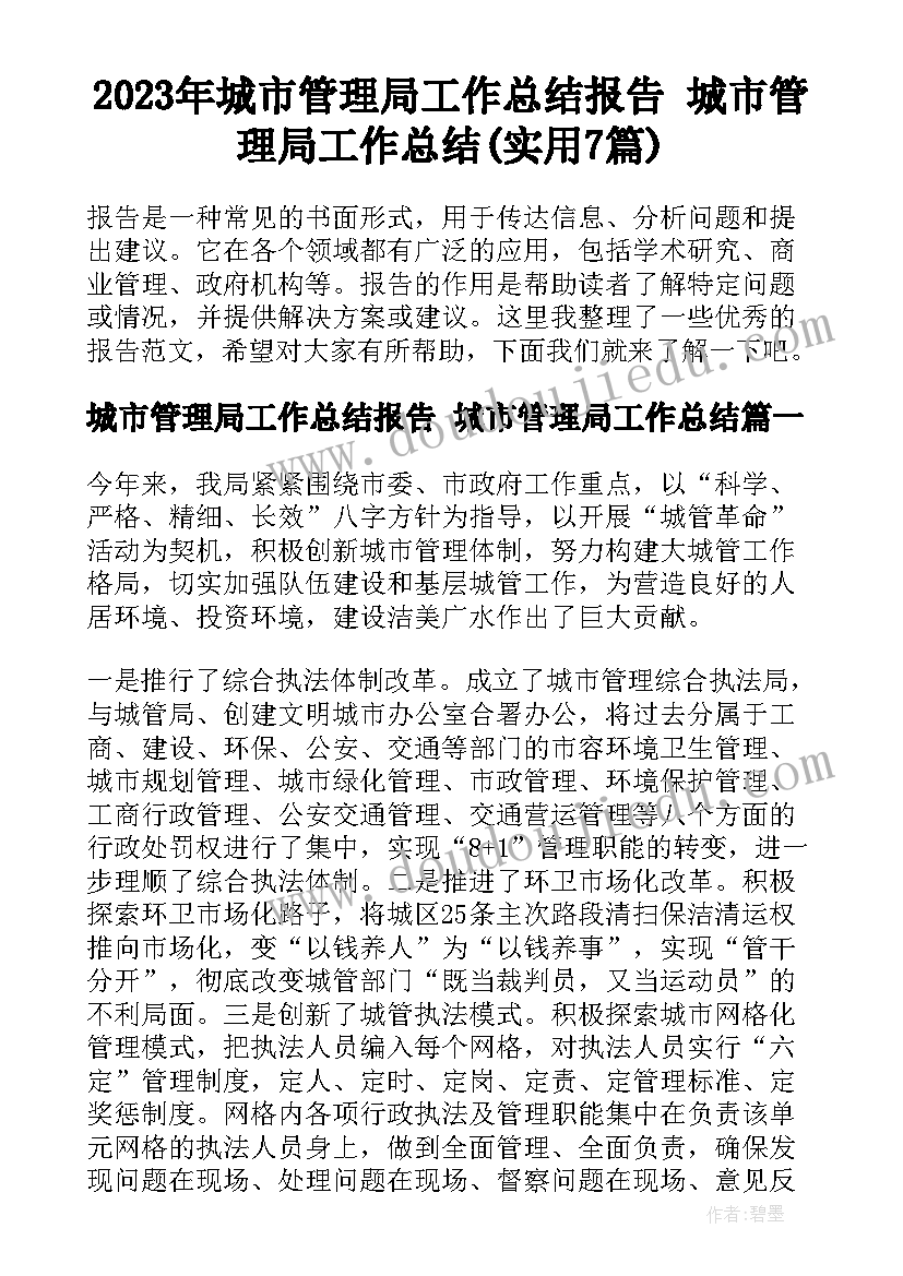 2023年城市管理局工作总结报告 城市管理局工作总结(实用7篇)