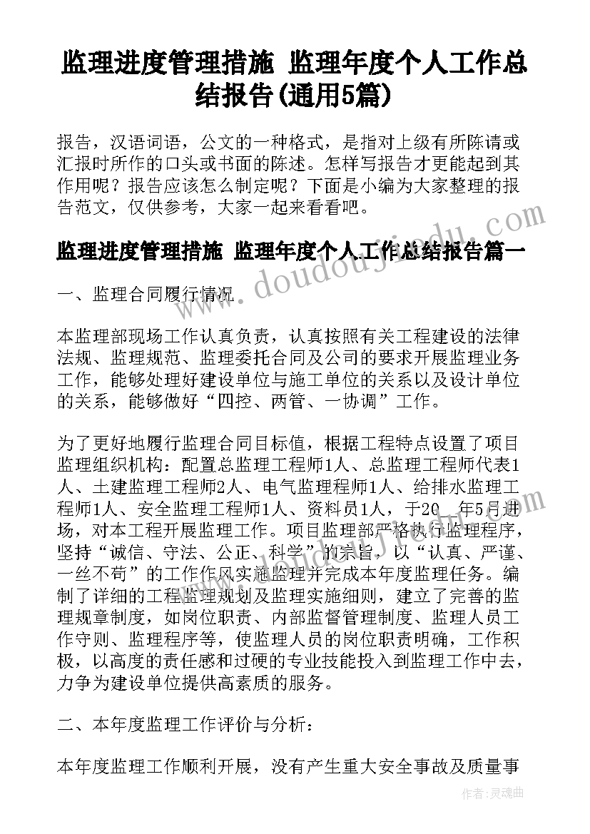 监理进度管理措施 监理年度个人工作总结报告(通用5篇)