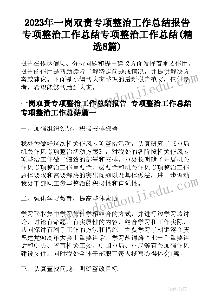 2023年一岗双责专项整治工作总结报告 专项整治工作总结专项整治工作总结(精选8篇)