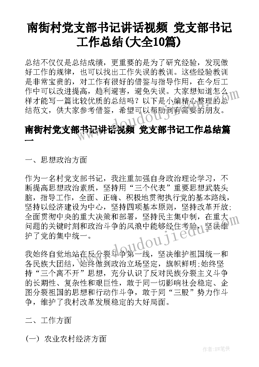 南街村党支部书记讲话视频 党支部书记工作总结(大全10篇)