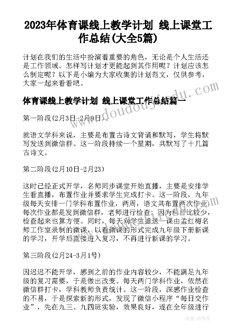 2023年体育课线上教学计划 线上课堂工作总结(大全5篇)