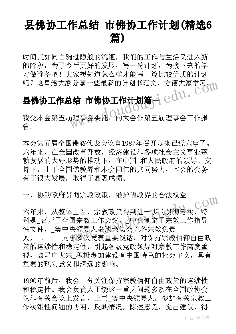 县佛协工作总结 市佛协工作计划(精选6篇)