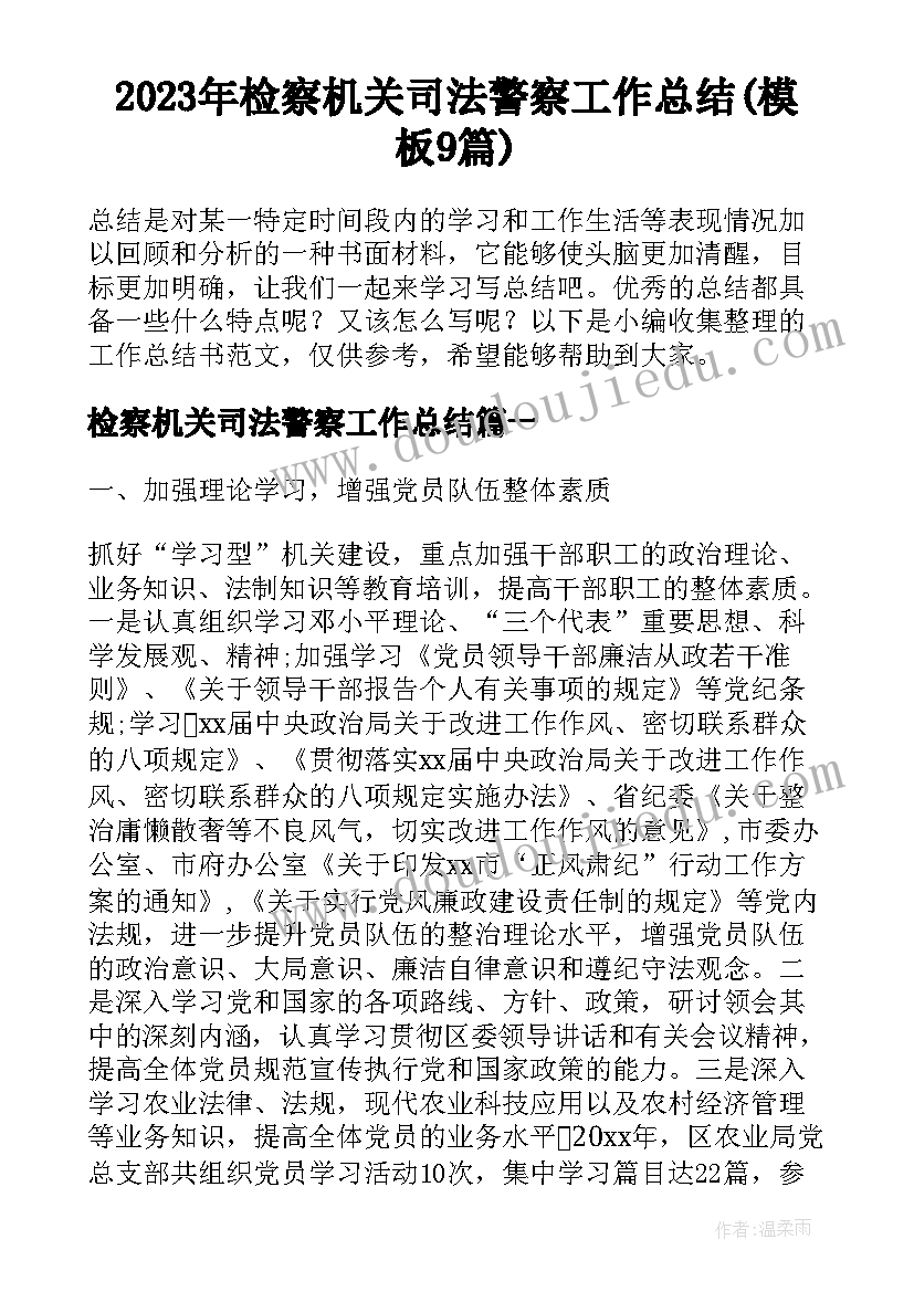 2023年检察机关司法警察工作总结(模板9篇)