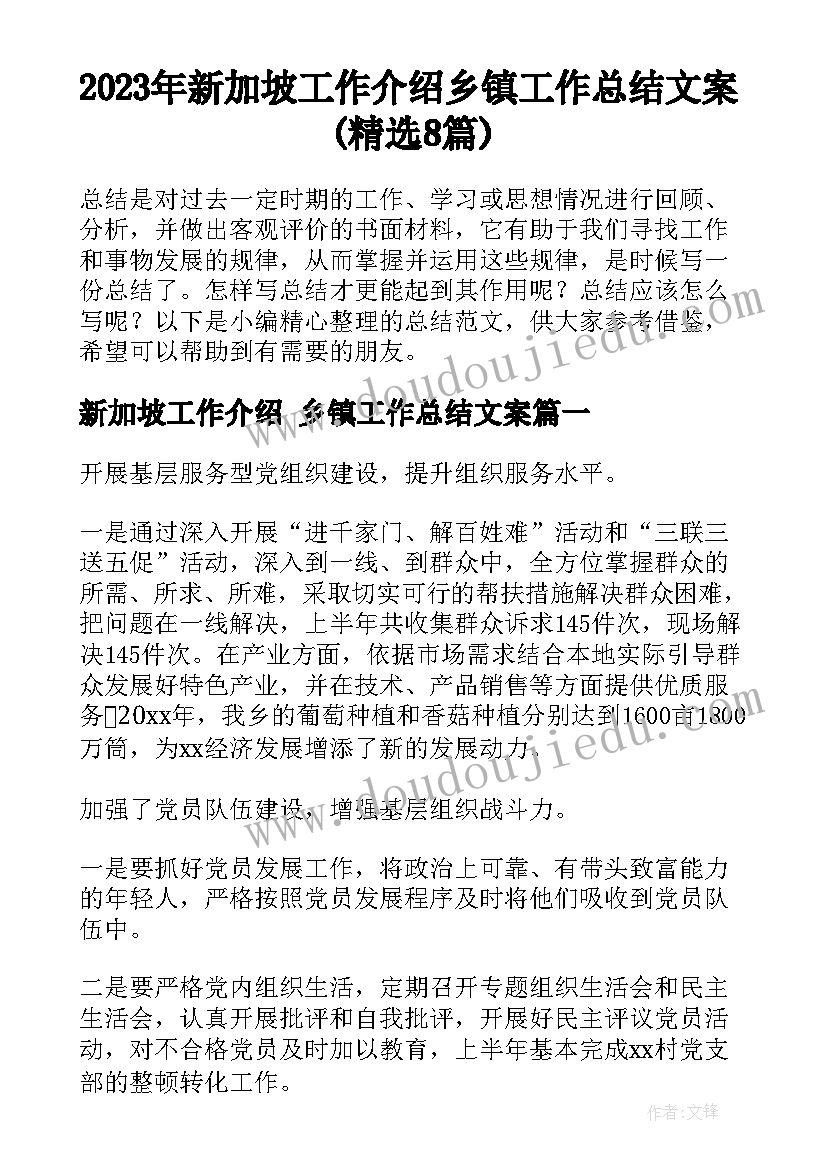 2023年新加坡工作介绍 乡镇工作总结文案(精选8篇)