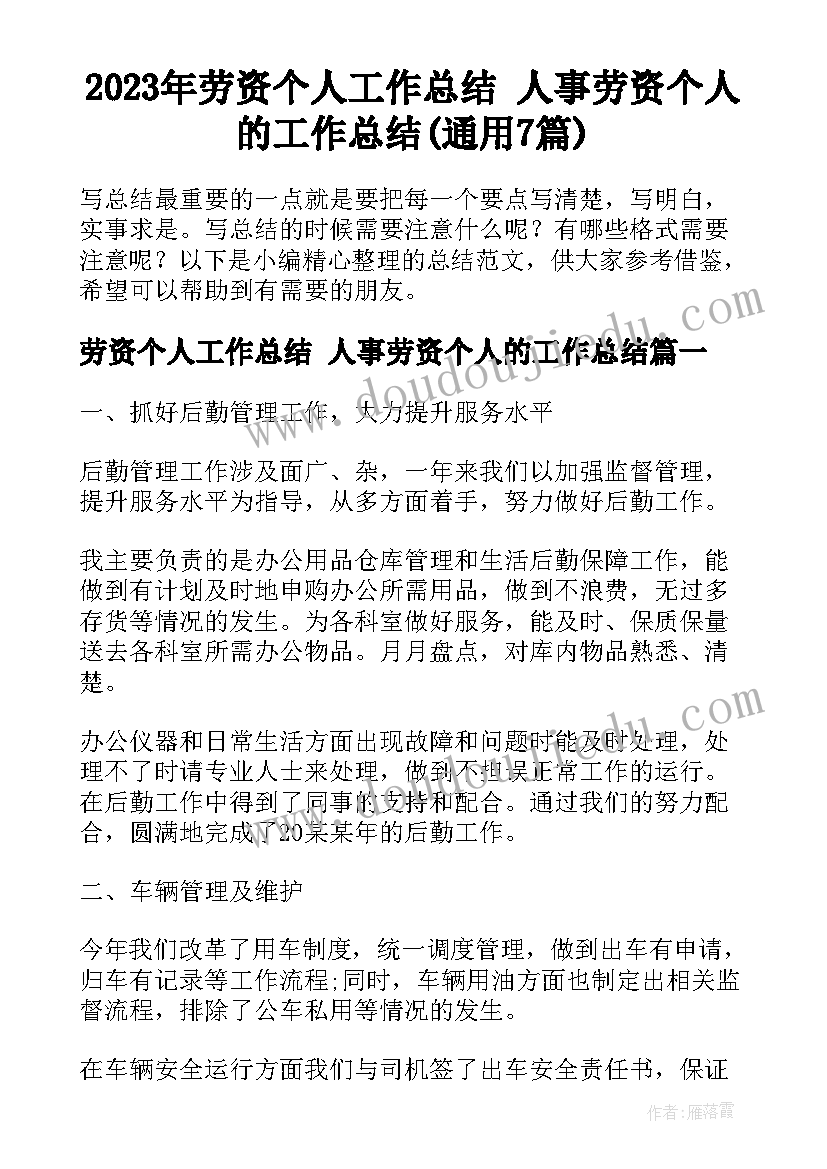 2023年劳资个人工作总结 人事劳资个人的工作总结(通用7篇)