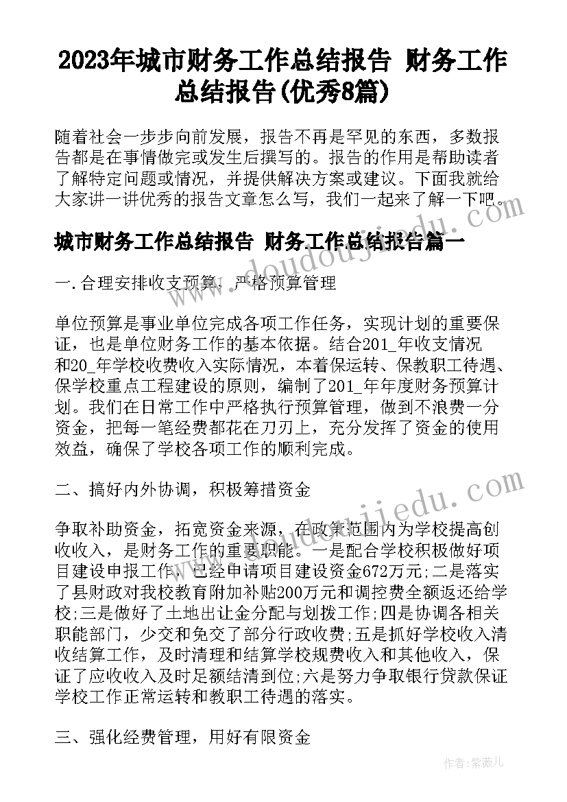 2023年城市财务工作总结报告 财务工作总结报告(优秀8篇)