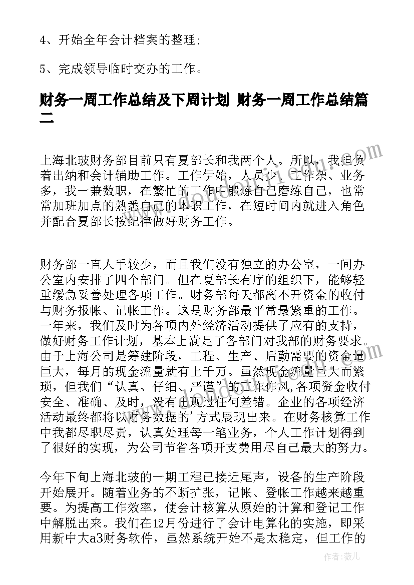 最新财务一周工作总结及下周计划 财务一周工作总结(精选5篇)