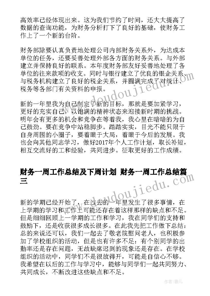 最新财务一周工作总结及下周计划 财务一周工作总结(精选5篇)