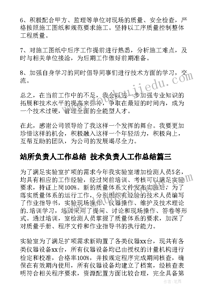 最新站所负责人工作总结 技术负责人工作总结(模板9篇)