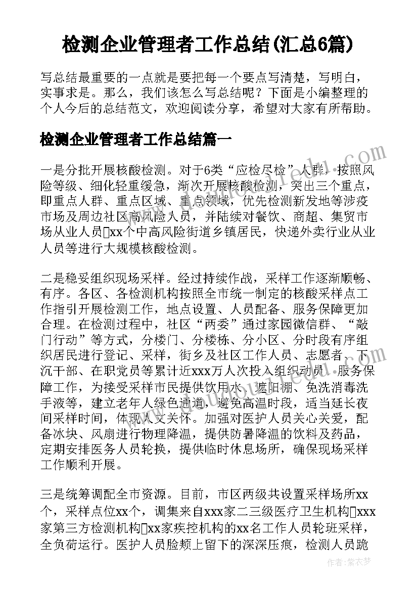 检测企业管理者工作总结(汇总6篇)