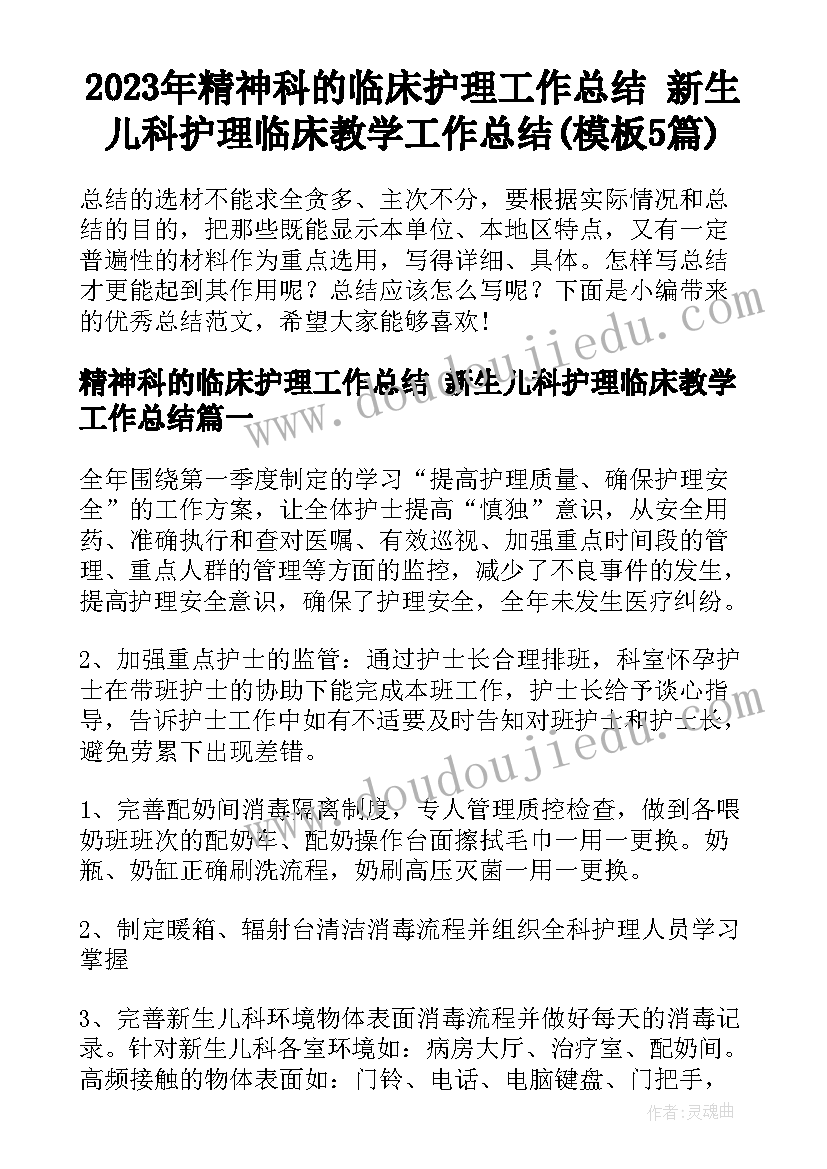 2023年精神科的临床护理工作总结 新生儿科护理临床教学工作总结(模板5篇)