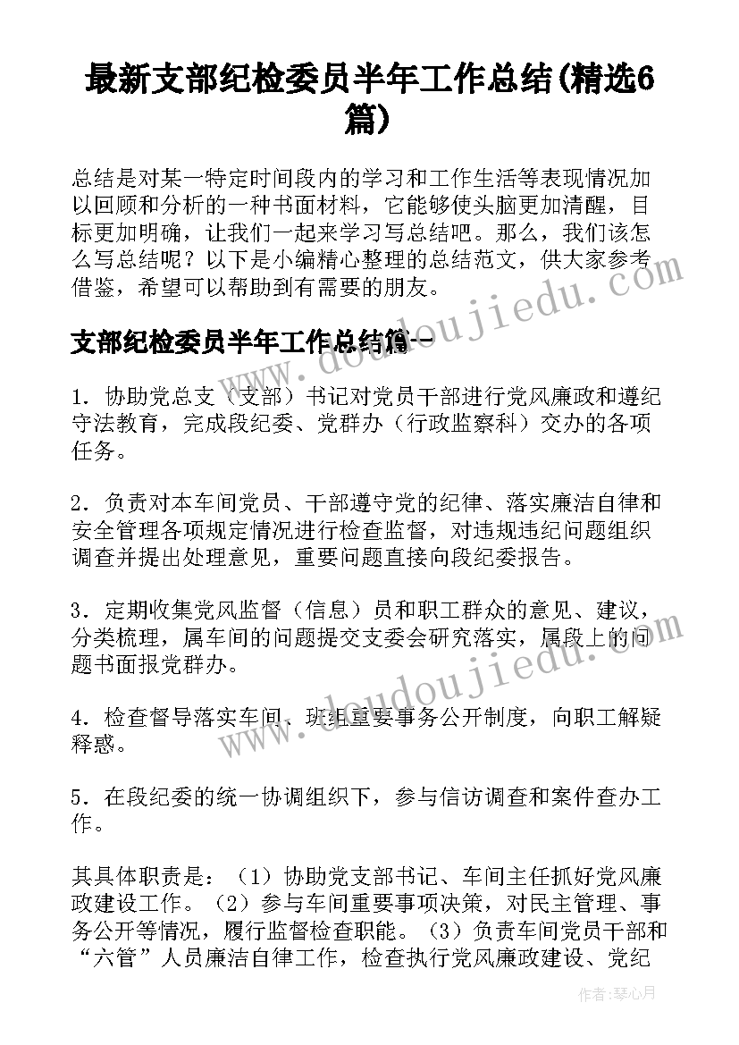 最新支部纪检委员半年工作总结(精选6篇)