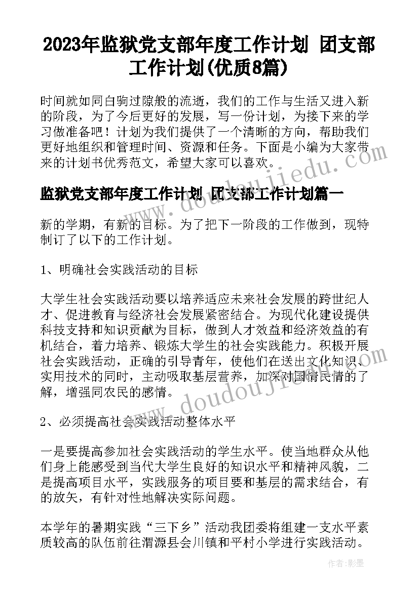 2023年监狱党支部年度工作计划 团支部工作计划(优质8篇)