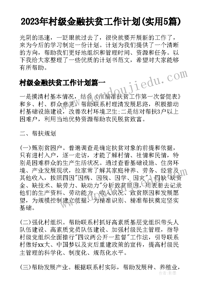 2023年村级金融扶贫工作计划(实用5篇)