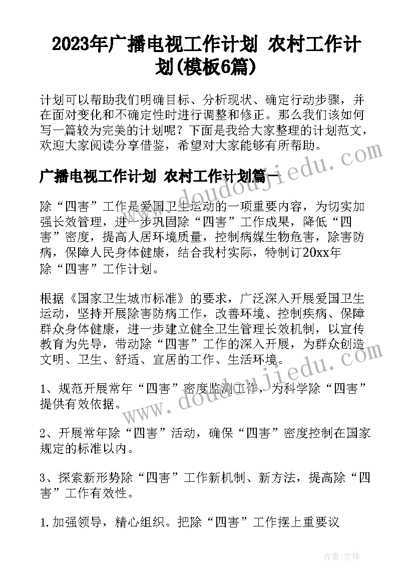 2023年广播电视工作计划 农村工作计划(模板6篇)