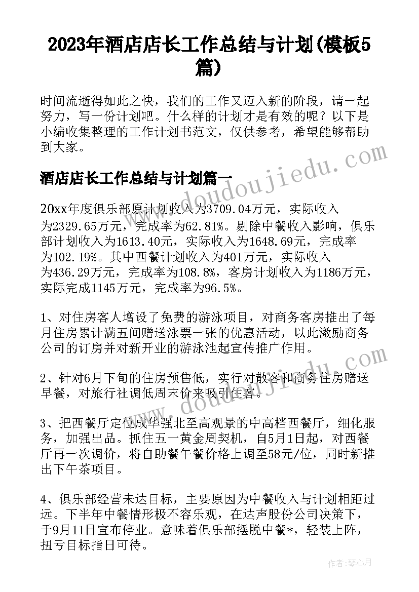 2023年酒店店长工作总结与计划(模板5篇)