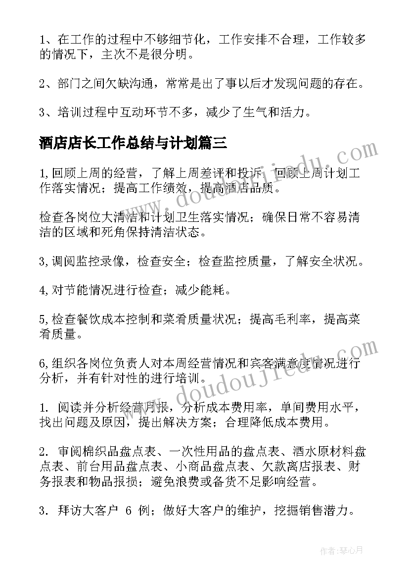 2023年酒店店长工作总结与计划(模板5篇)