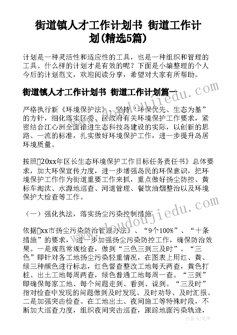 街道镇人才工作计划书 街道工作计划(精选5篇)