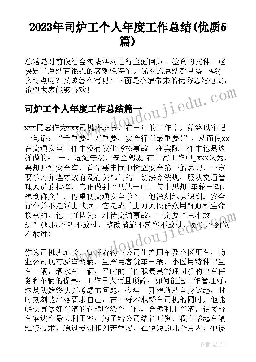 2023年司炉工个人年度工作总结(优质5篇)