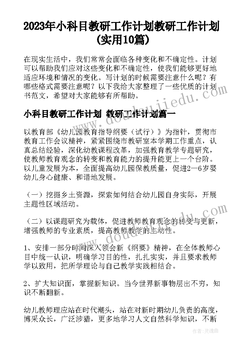 2023年小科目教研工作计划 教研工作计划(实用10篇)