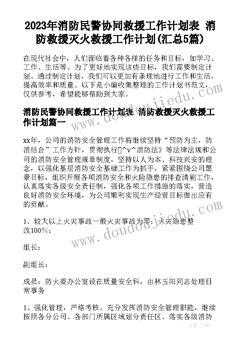 2023年消防民警协同救援工作计划表 消防救援灭火救援工作计划(汇总5篇)