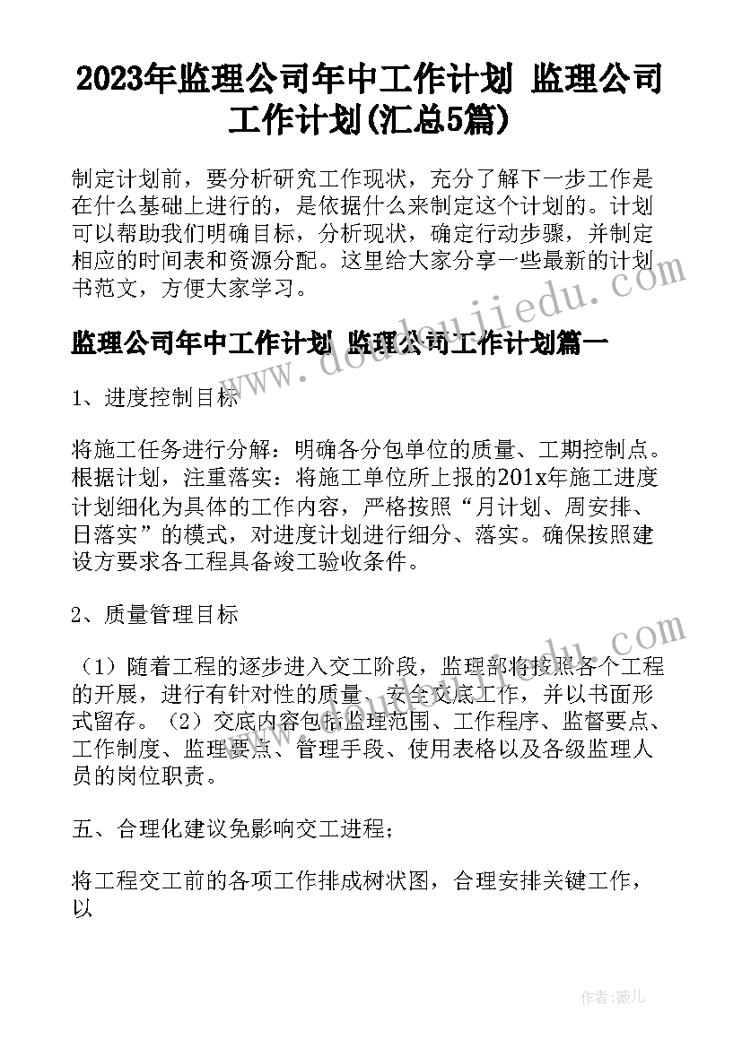 2023年监理公司年中工作计划 监理公司工作计划(汇总5篇)