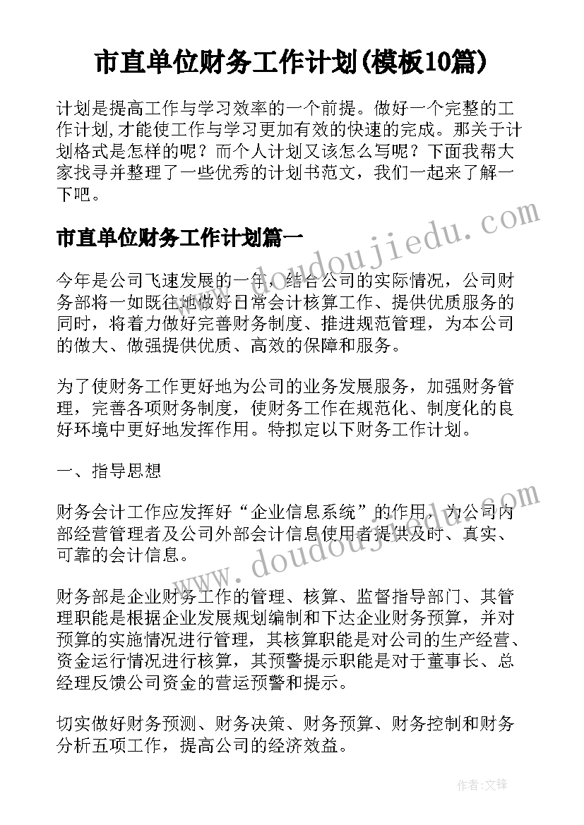 市直单位财务工作计划(模板10篇)