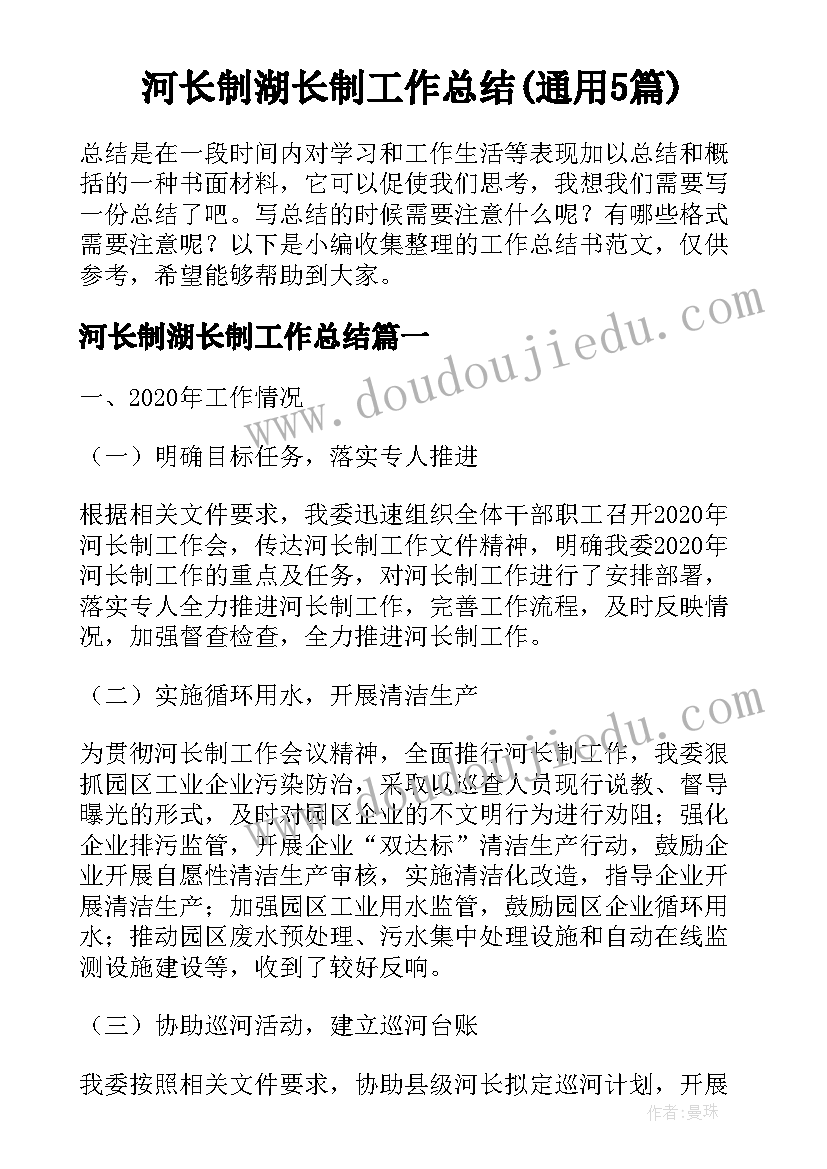 河长制湖长制工作总结(通用5篇)