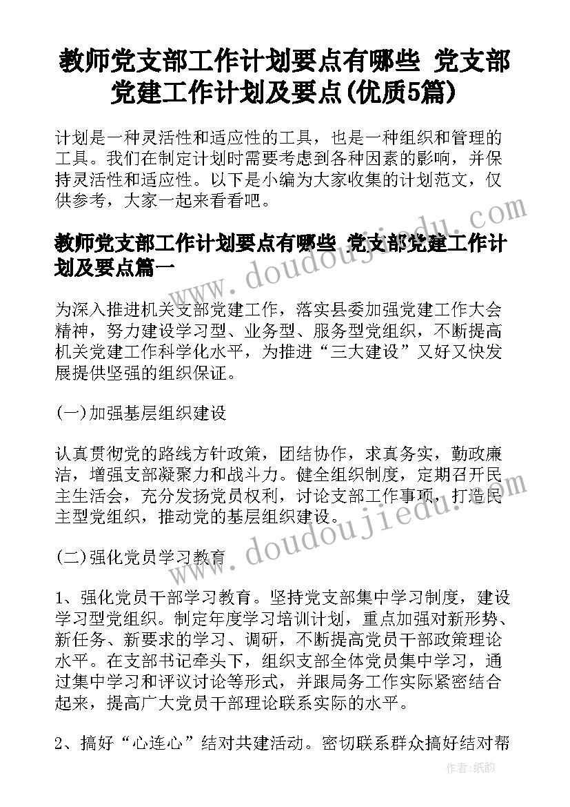 教师党支部工作计划要点有哪些 党支部党建工作计划及要点(优质5篇)