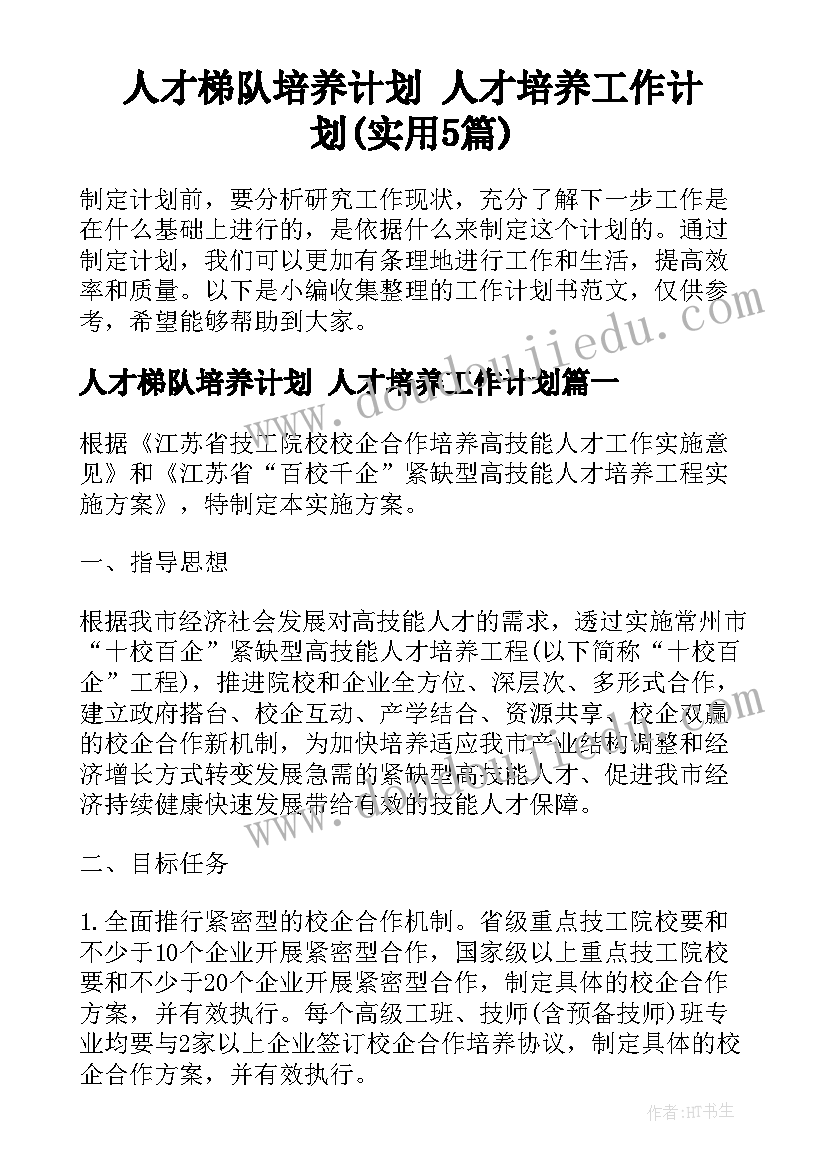 人才梯队培养计划 人才培养工作计划(实用5篇)