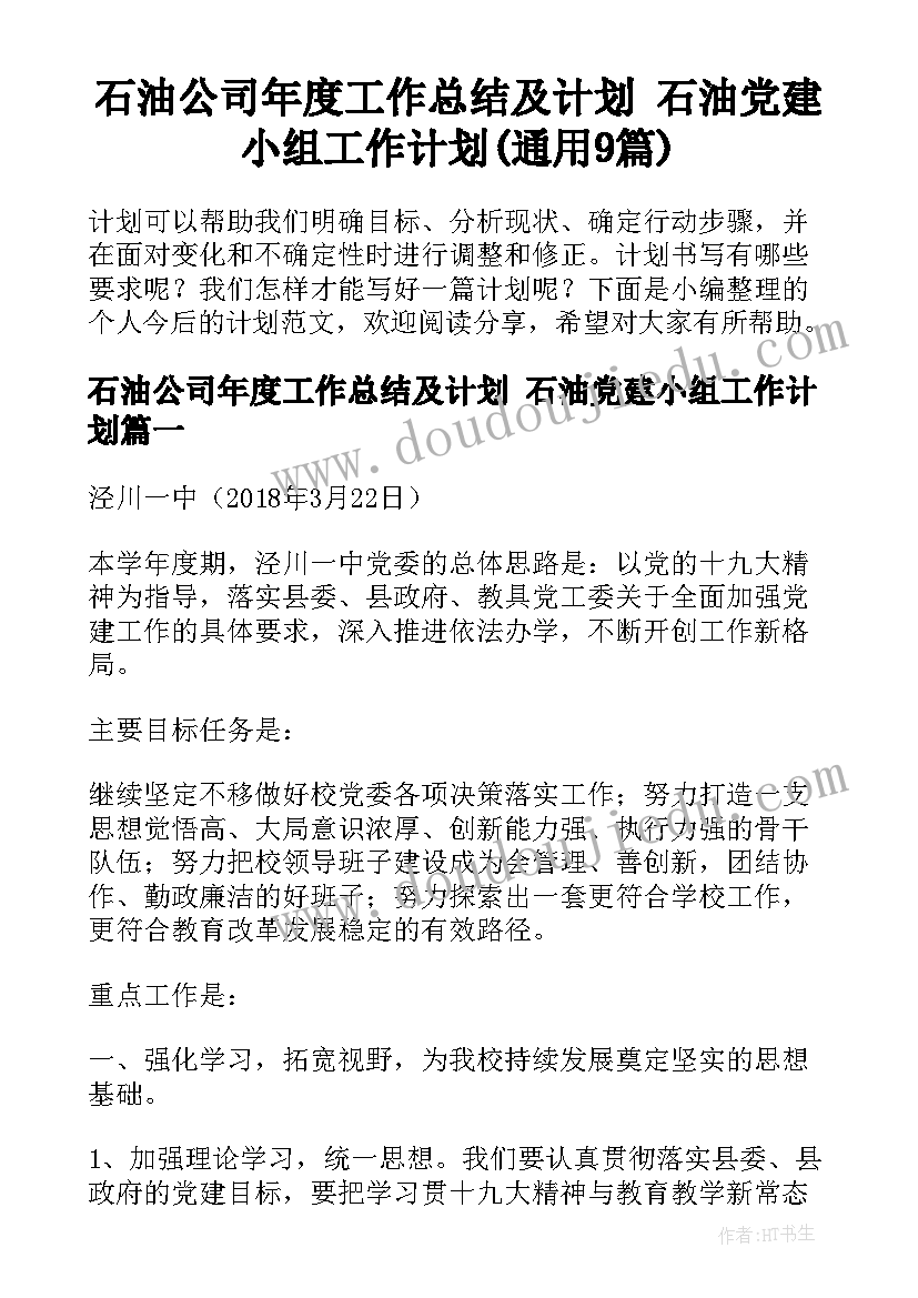 石油公司年度工作总结及计划 石油党建小组工作计划(通用9篇)