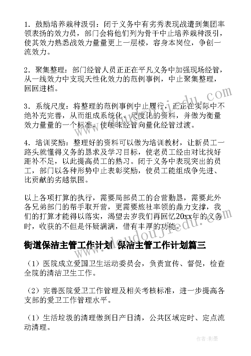 街道保洁主管工作计划 保洁主管工作计划(大全9篇)