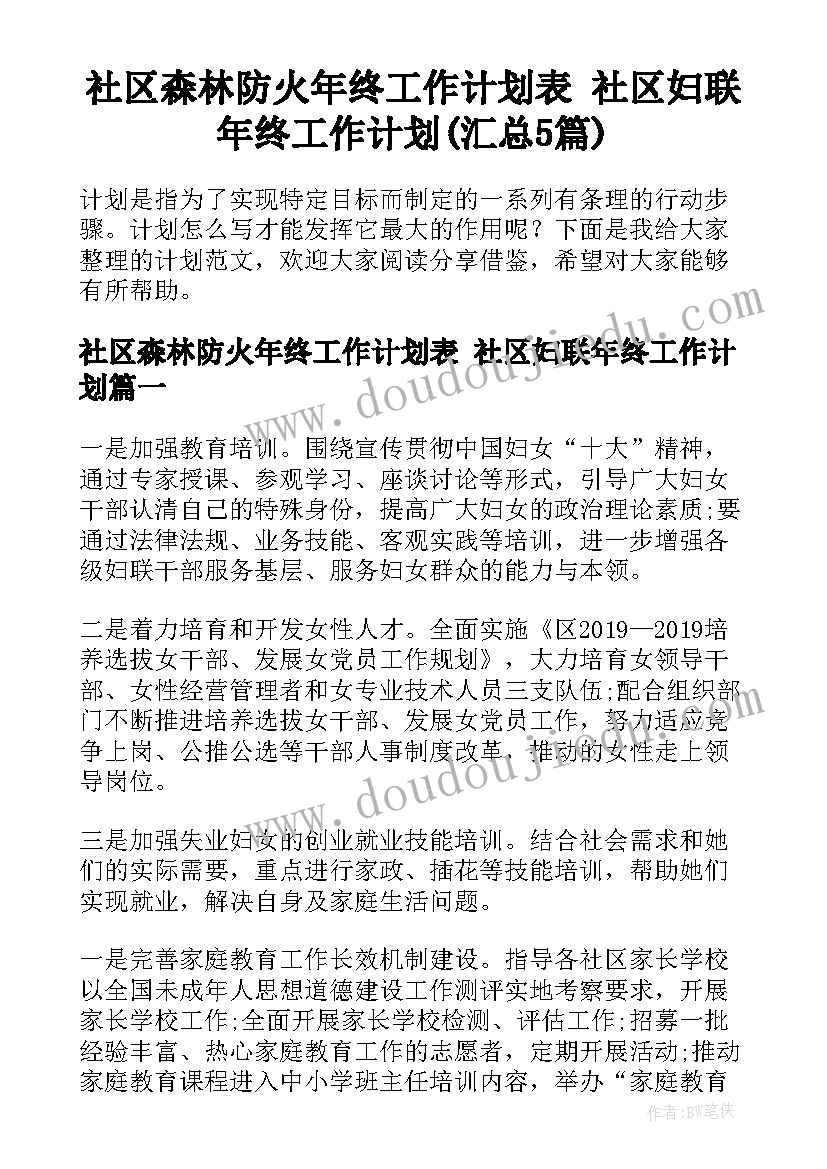 社区森林防火年终工作计划表 社区妇联年终工作计划(汇总5篇)