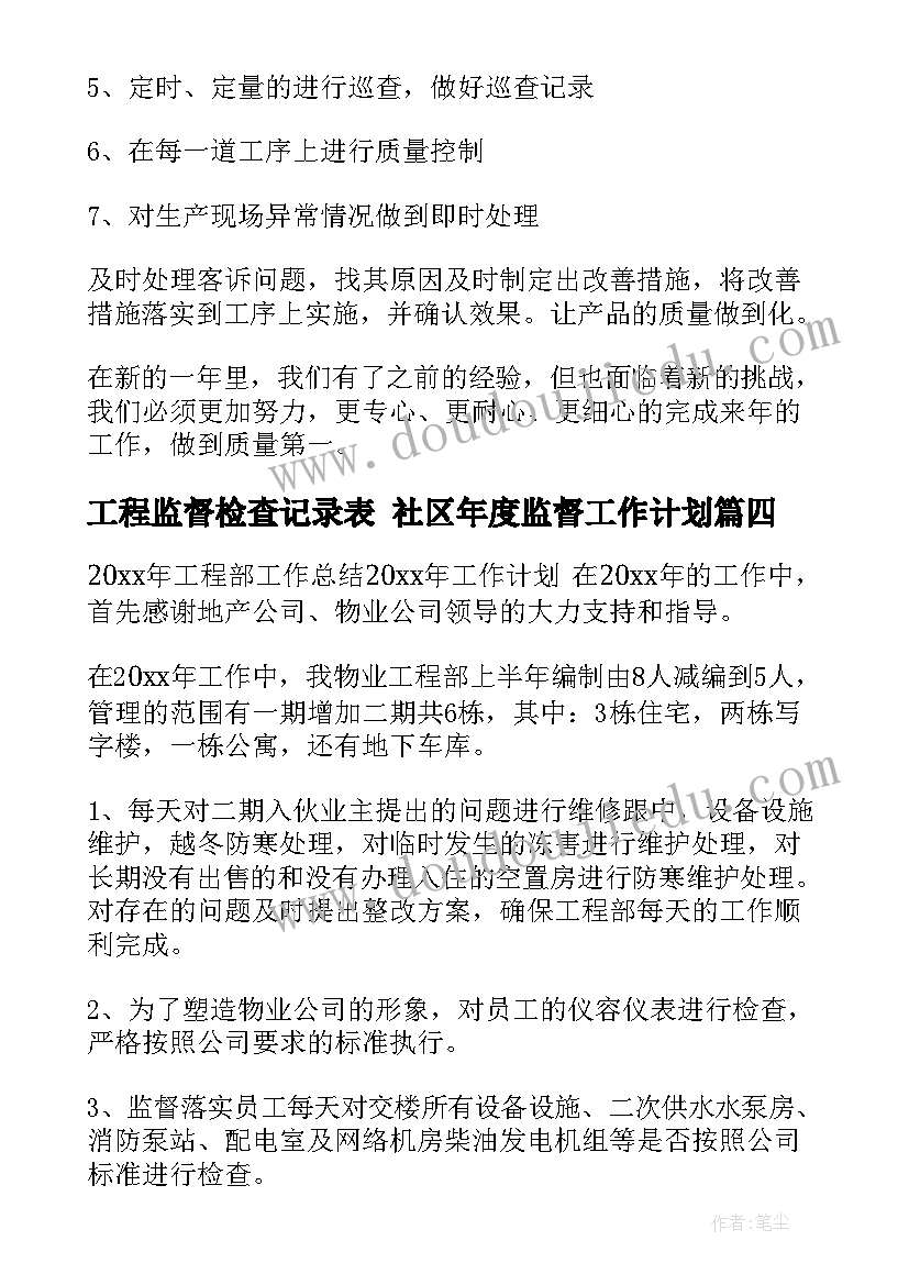 工程监督检查记录表 社区年度监督工作计划(优秀8篇)