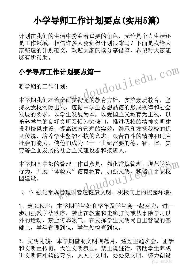 小学导师工作计划要点(实用5篇)