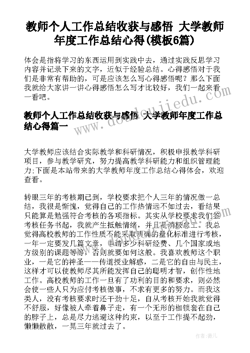 教师个人工作总结收获与感悟 大学教师年度工作总结心得(模板6篇)