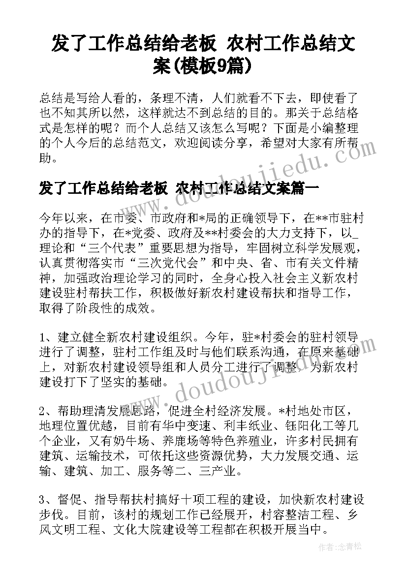 发了工作总结给老板 农村工作总结文案(模板9篇)