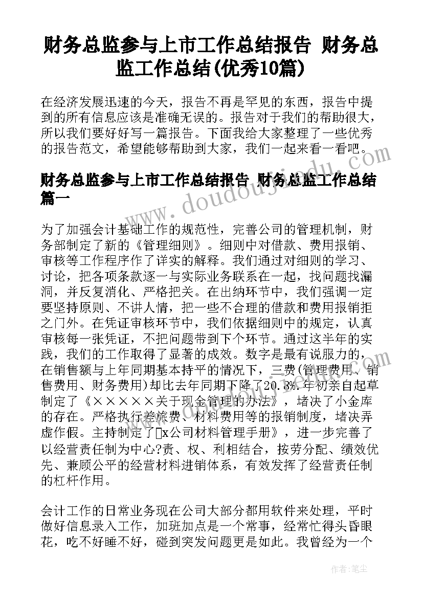 财务总监参与上市工作总结报告 财务总监工作总结(优秀10篇)