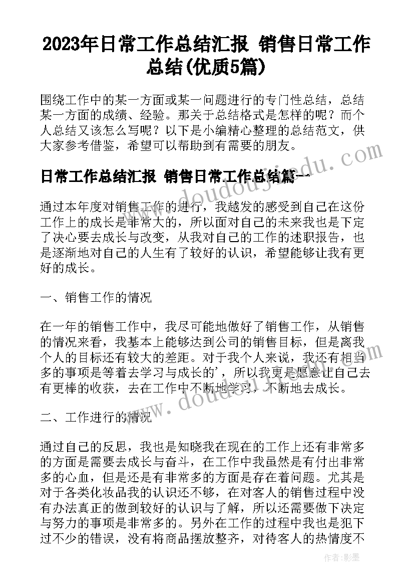 2023年日常工作总结汇报 销售日常工作总结(优质5篇)