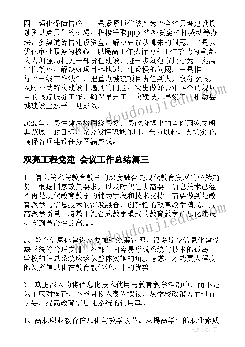 2023年双亮工程党建 会议工作总结(优质8篇)