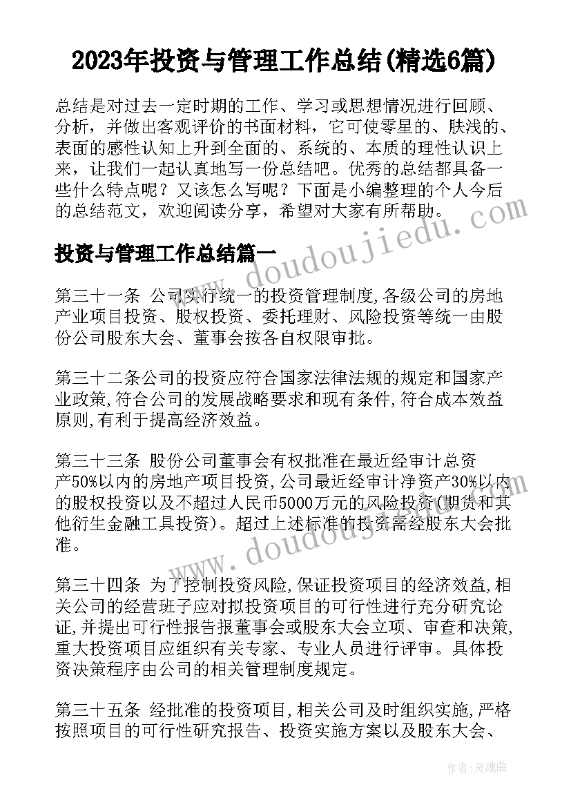 2023年投资与管理工作总结(精选6篇)